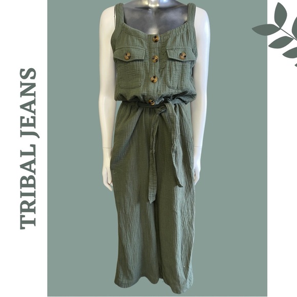 Tribal Crinkle Gauze Jumpsuit Button Front Tie Waist Fern Green Size XXL - Picture 4 of 9